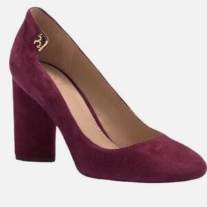 $380 TORY BURCH ELIZABETH ROUND TOE PUMP BURGUNDY TRIANGLE BLOCK